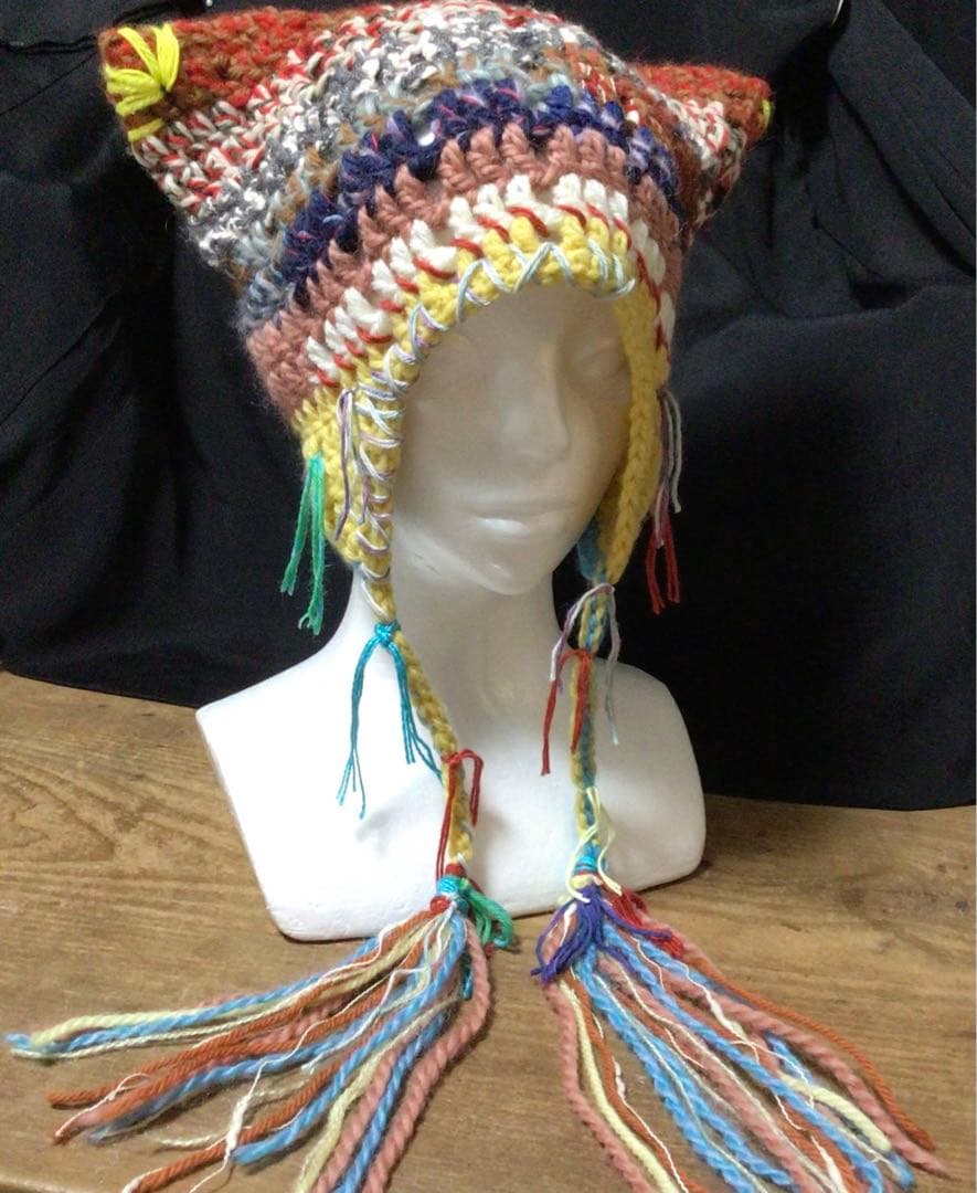 手作り猫耳　耳当てニット帽　イタリー製糸　野呂英作糸　茶　黄色他