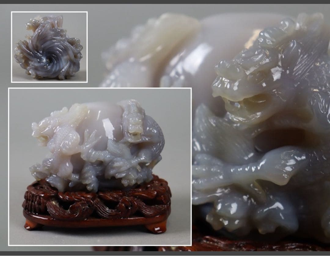 瑪瑙 彫刻 宝珠に三龍 唐木台付 置物 天然石 鑑賞石 細密細工 古美術品