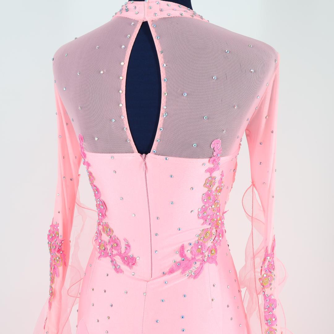 【社交ダンス衣装】ピンク 豪華フリル ワンピース ドレス ラインストーン 花柄