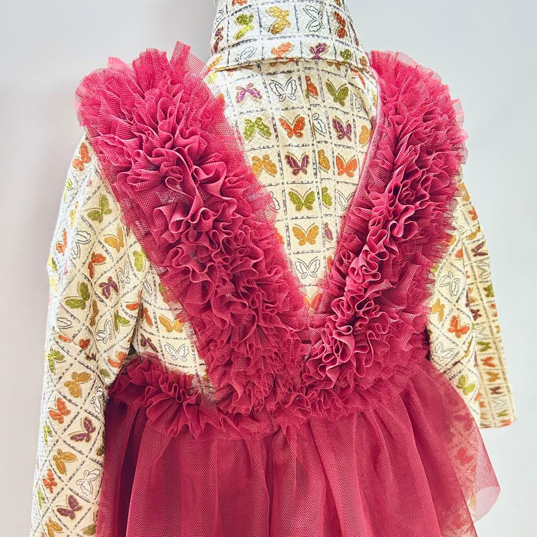 被布エプロン【ボルドーフリル】　チュール被布　被布ドレス　七五三　チュールドレス