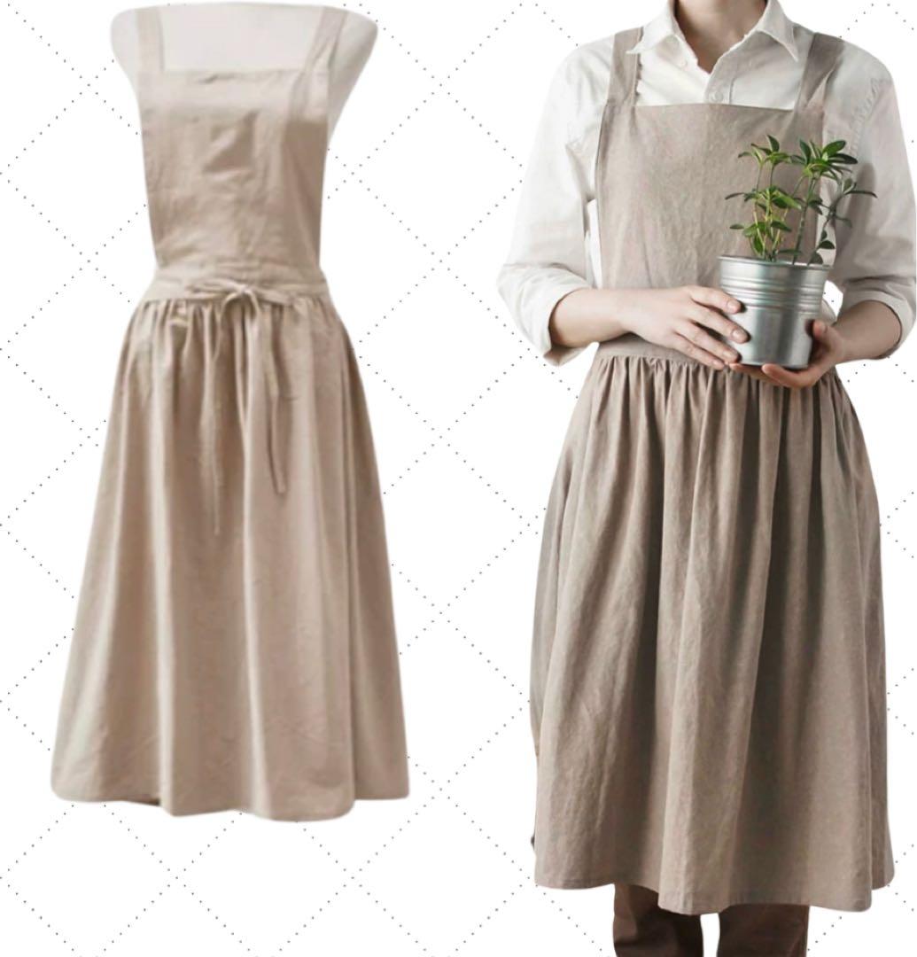 エプロン　 ベージュ　レディース　大人　おしゃれ　かわいい　リネン　無地