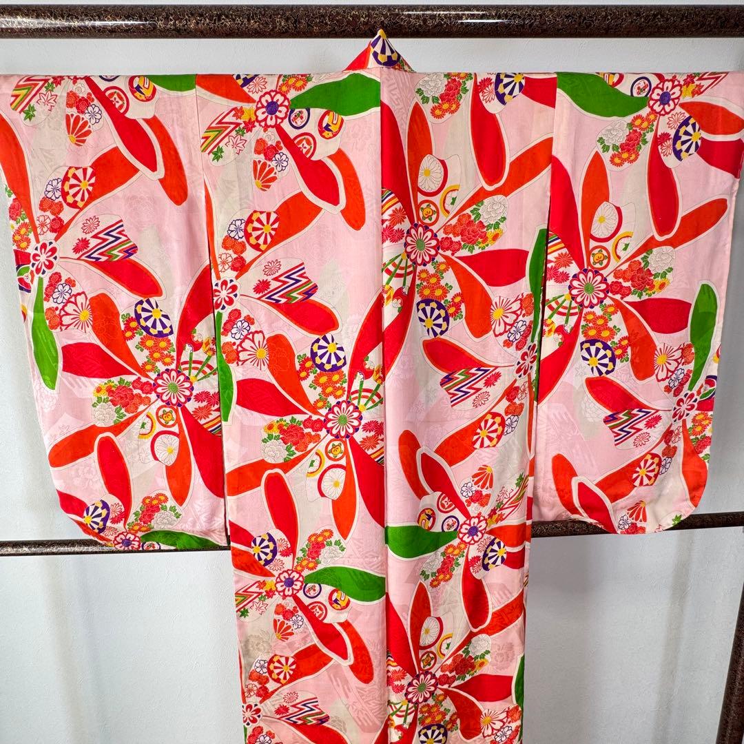 しつけ付　着物　正絹　ピンク　赤　七五三　子供着物　150裄59 アンティーク