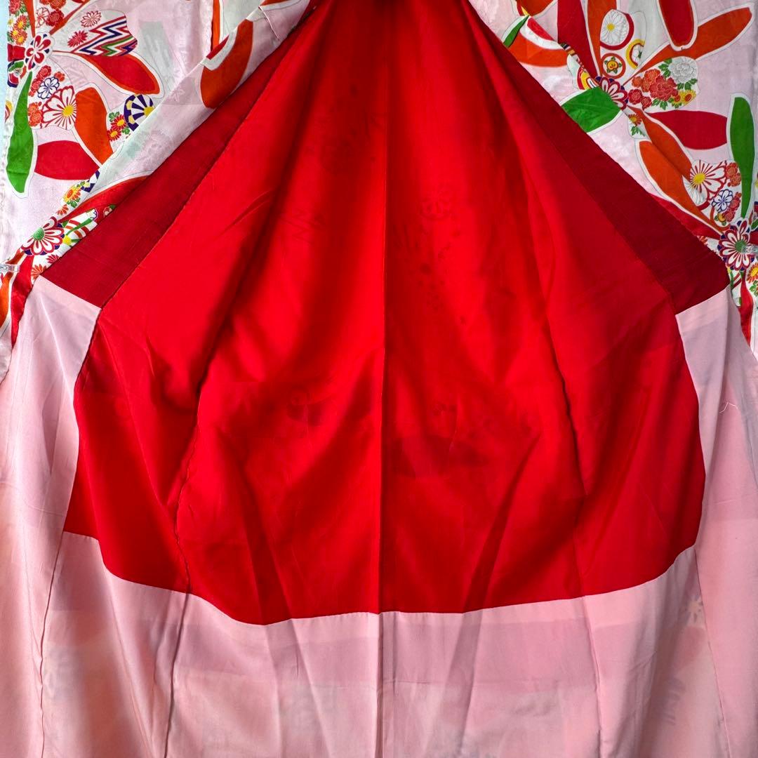 しつけ付　着物　正絹　ピンク　赤　七五三　子供着物　150裄59 アンティーク