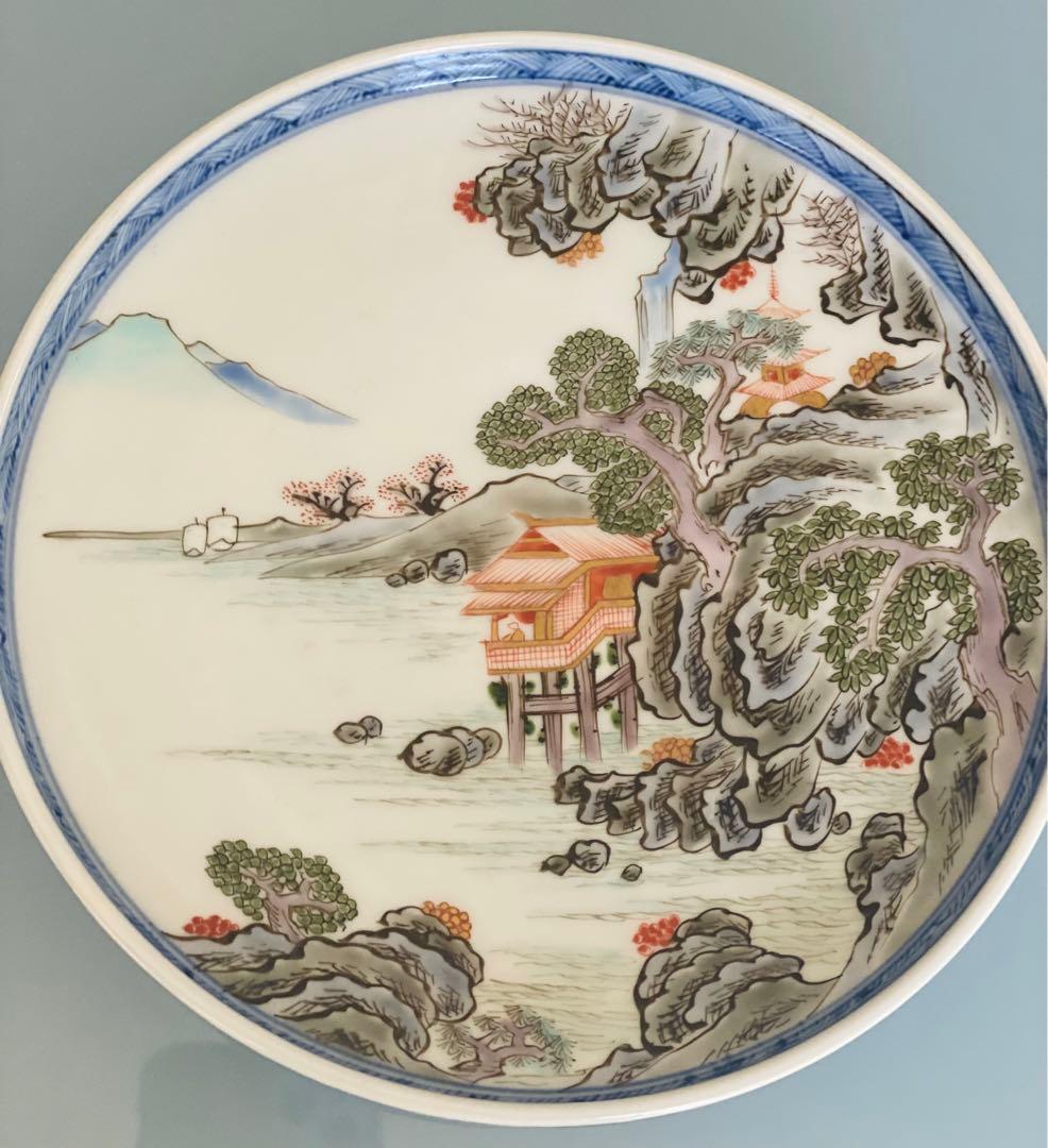 古伊万里　染錦楼閣山水文六寸皿2枚セット