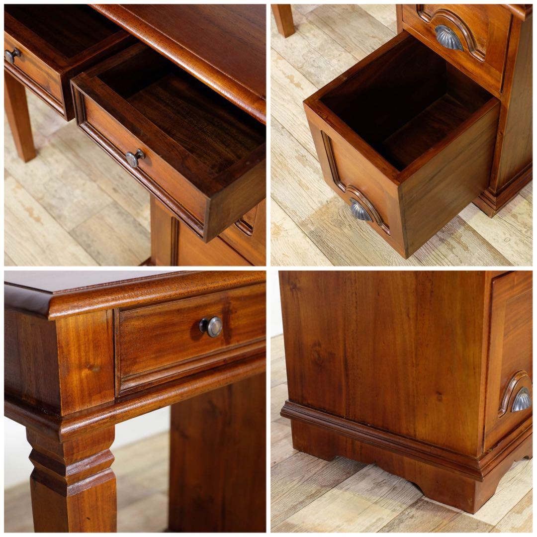 E 新品 アジアン デスク アンティーク 書斎 カフェ 勉強机 机 学習机 木製