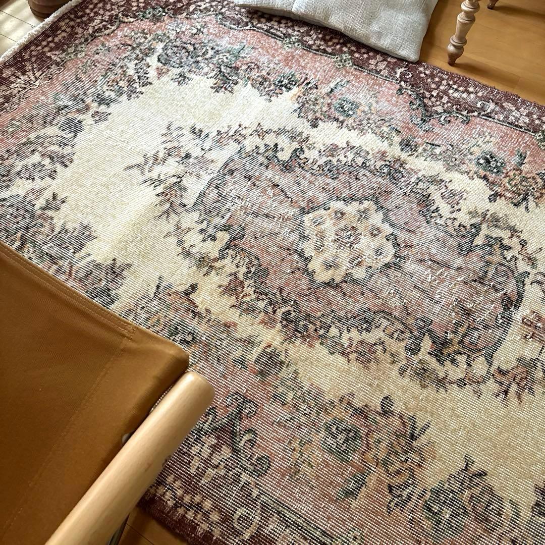 124×204ピンクベージュ×ブラウン　王道メダリオン　トルコヴィンテージラグ