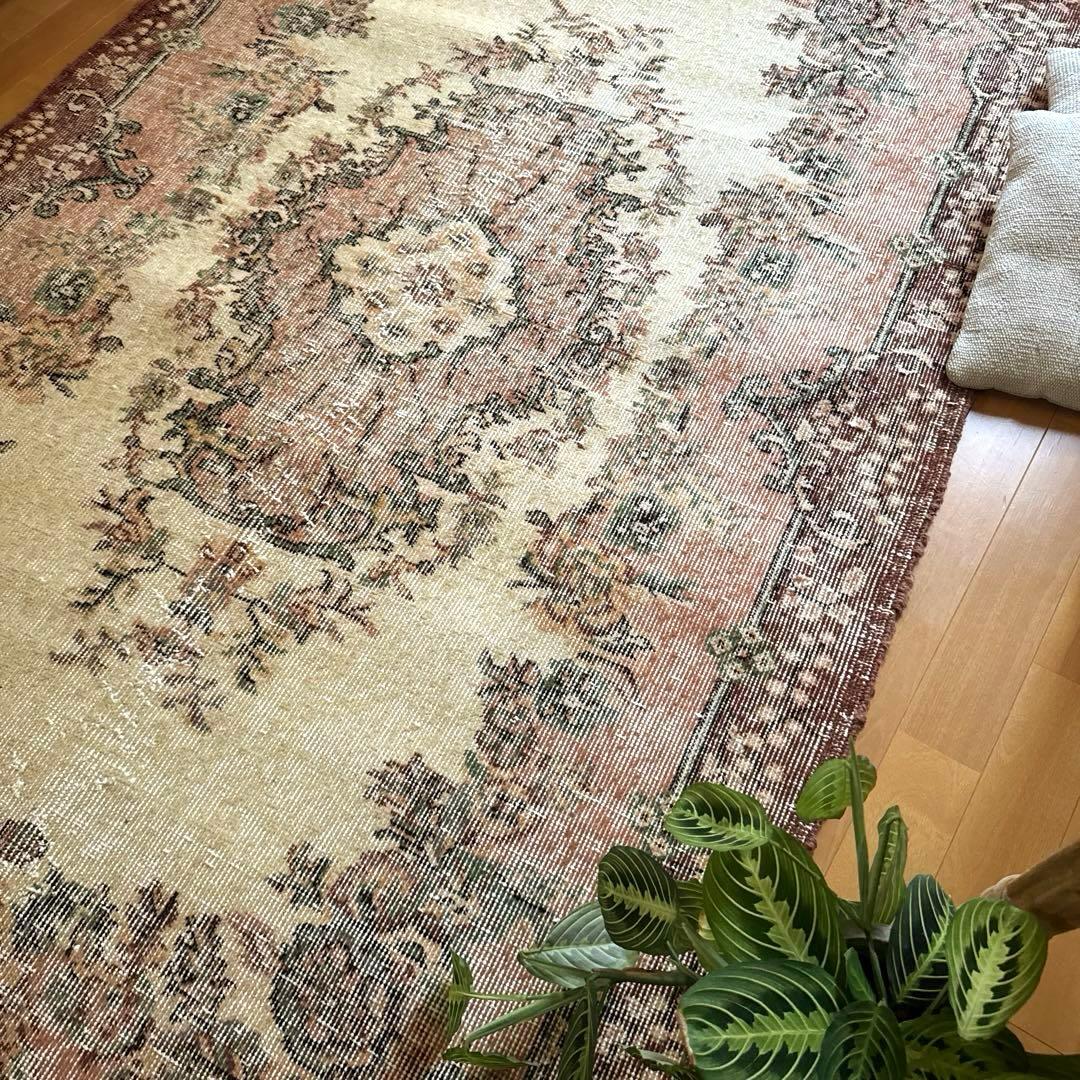 124×204ピンクベージュ×ブラウン　王道メダリオン　トルコヴィンテージラグ