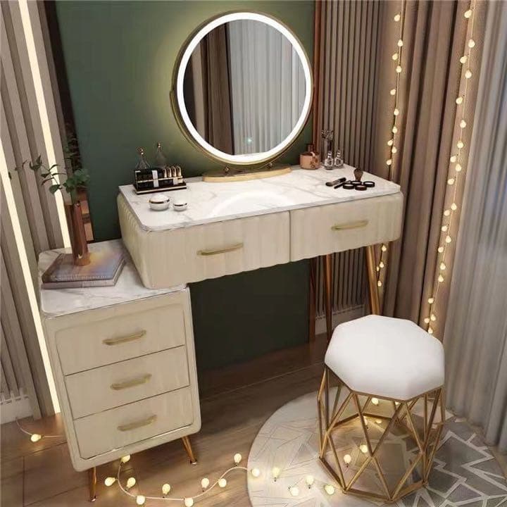 オシャレドレッサー ベージュ デスク引き出し2杯LEDミラー