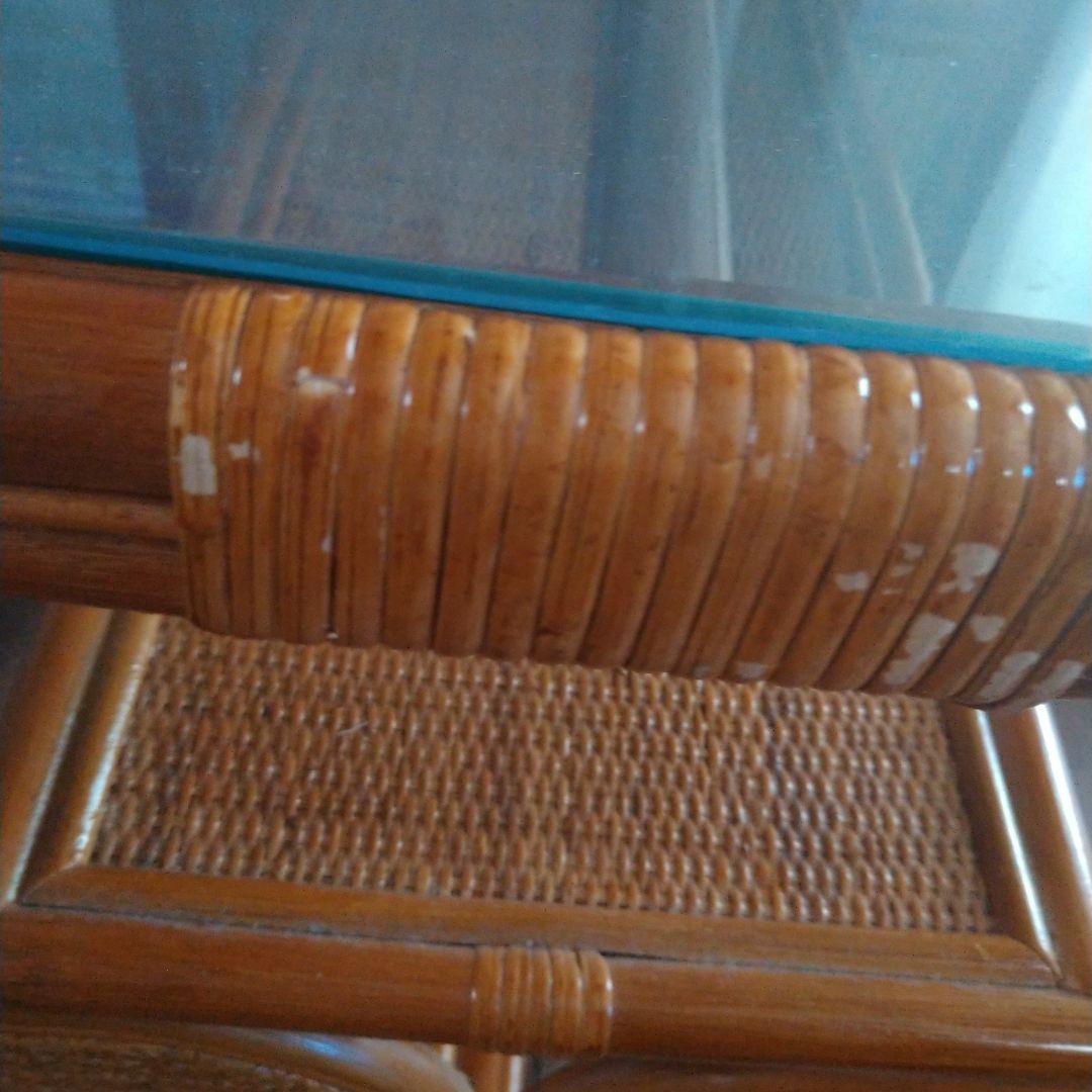 ラタン製ガラス天板テーブル