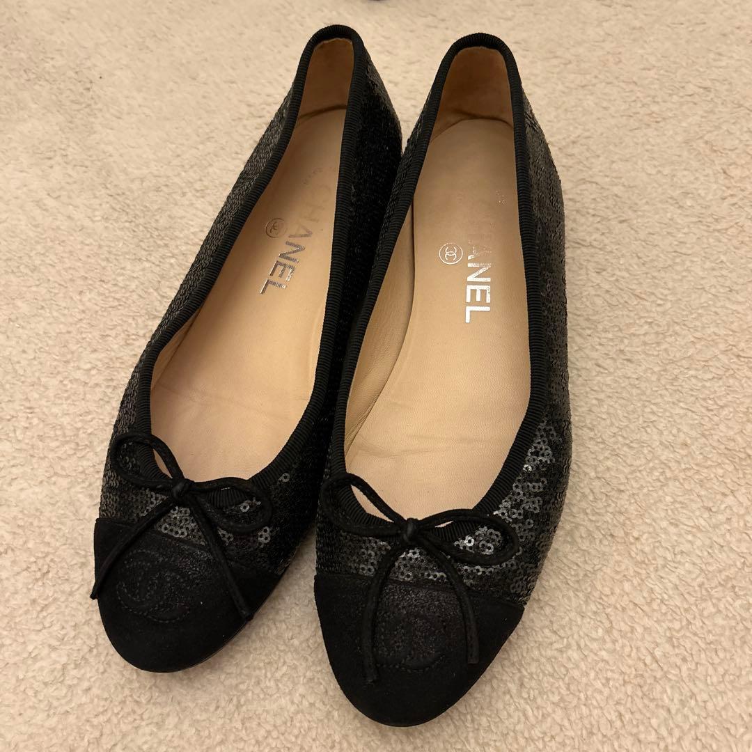 CHANEL ブラック スパンコール フラットシューズ バレエシューズ