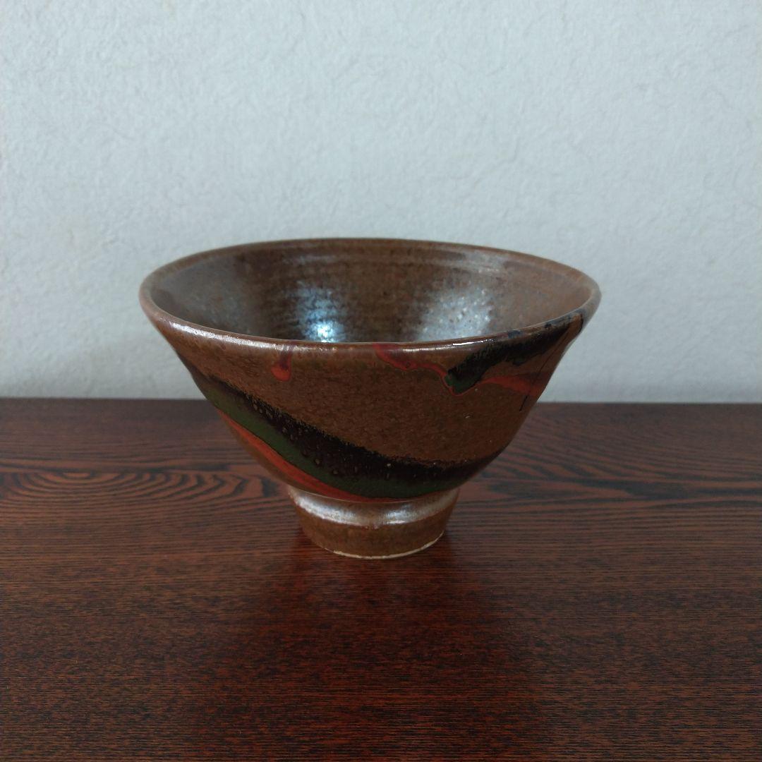 河井敏孝　鐵釉青丹彩碗　桐共箱　黄布・栞付き