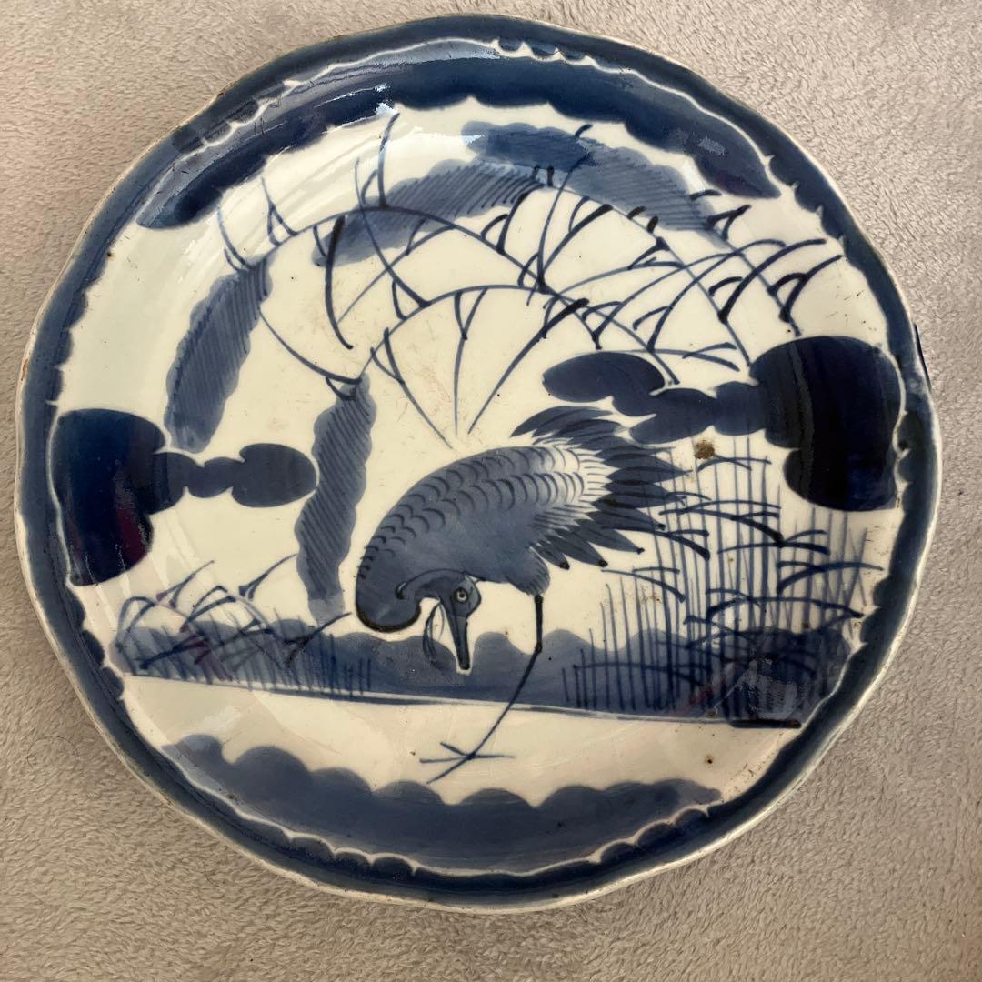 R★昔の大皿　古伊万里　鷺　直径22.7高さ3 青と白のコントラストが素敵です