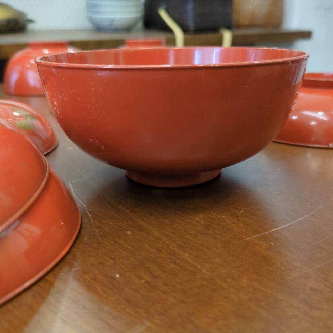 骨董　お椀　木製漆器　蒔絵　図変わり　花尽くし　蓋付き　6客