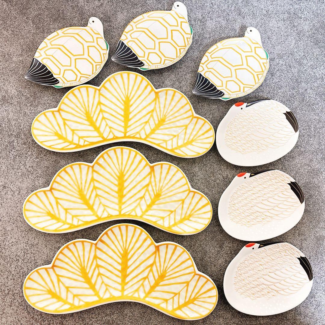 ぽんちゃんご依頼品　有田焼　松葉形前菜皿白金　鶴亀銘々皿　特別9点セット