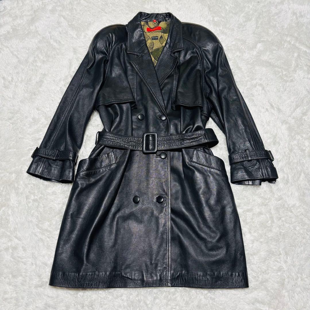 希少 LANCEL トレンチコート ラムレザー 羊革 ブラック 本革 総柄 M