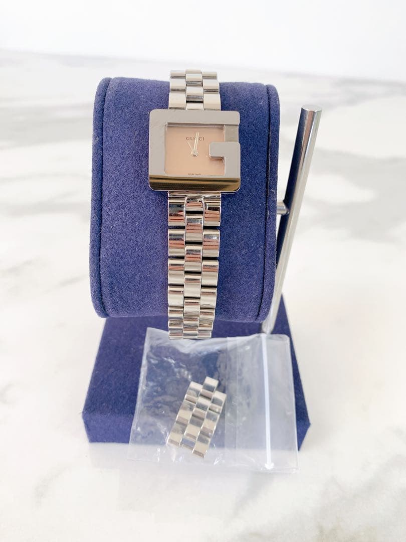 。【不動】GUCCI 腕時計 3600L Gロゴベゼル ピンク文字盤 シルバー