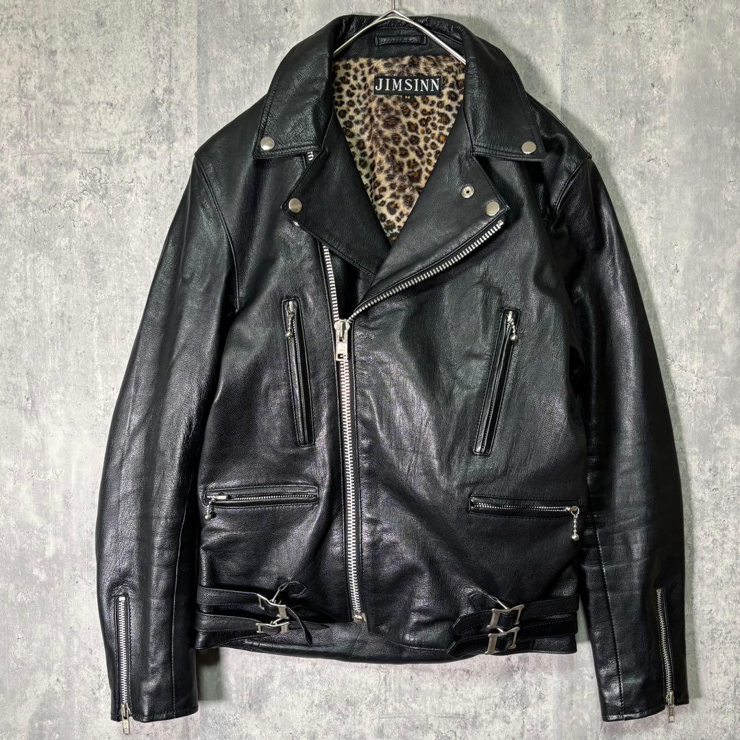 希少 JIMSINN レザー ダブル ライダースジャケット 裏地レオパード 黒