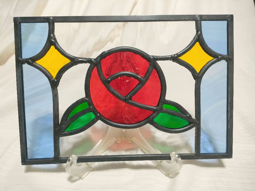新品ステンドグラス 赤バラパネル ハンドメイド