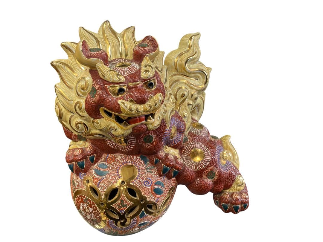 獅子の置物 赤金色　九谷　大吉　双仙