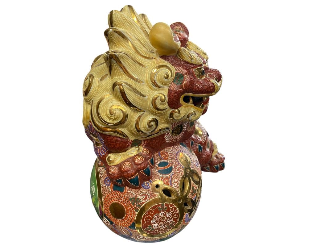 獅子の置物 赤金色　九谷　大吉　双仙