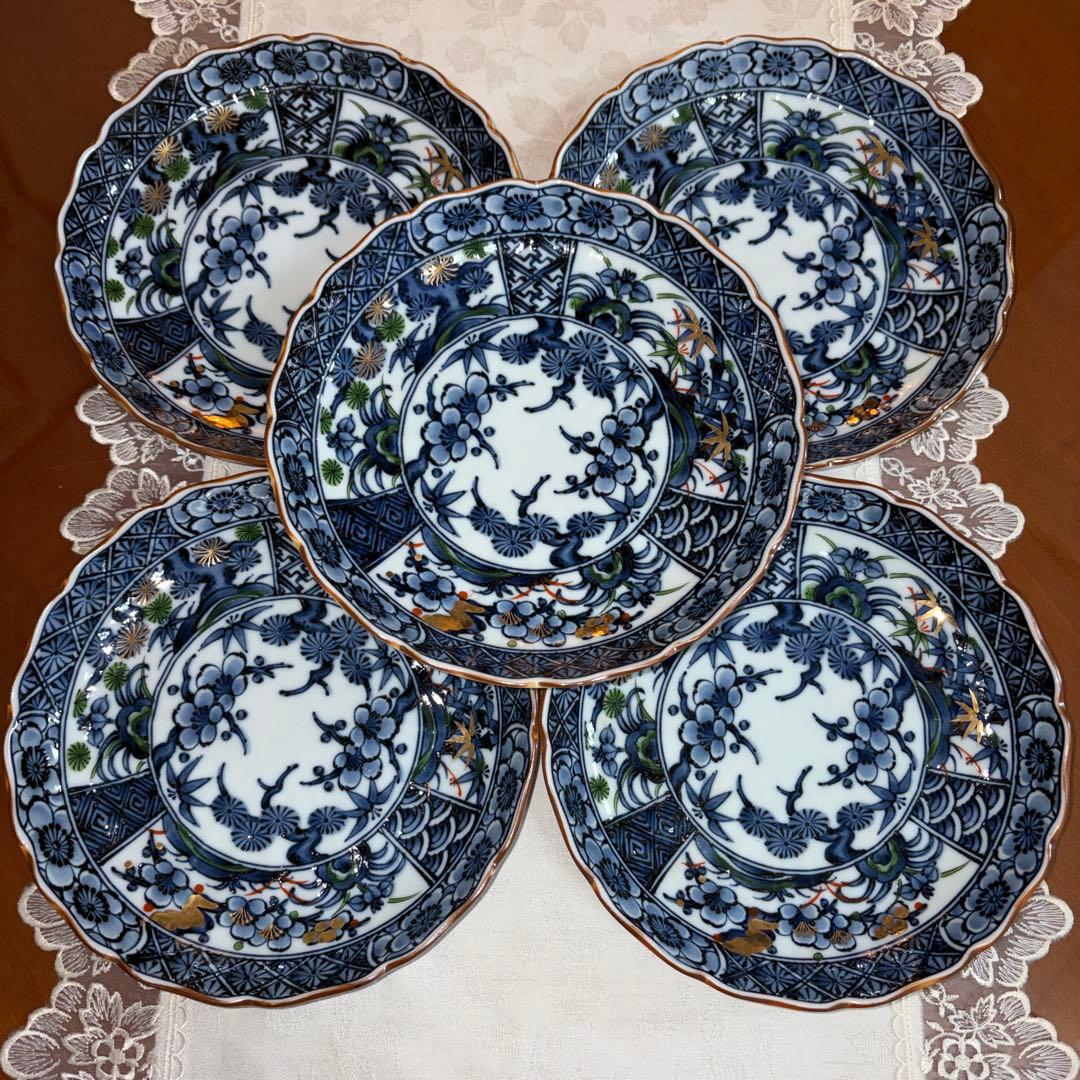 有田　波佐見焼　光玉　金彩　松竹梅　中皿　5枚セット　未使用