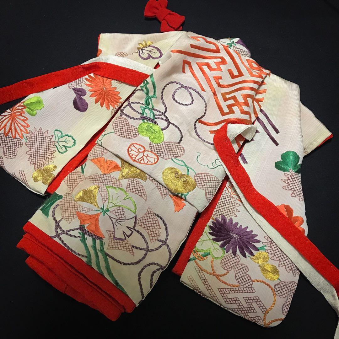 ＊ 市松人形 12号 刺繍裂 着物 下着 帯 セット ＊ アンティーク 古裂