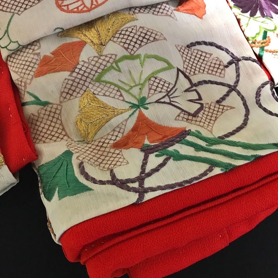 ＊ 市松人形 12号 刺繍裂 着物 下着 帯 セット ＊ アンティーク 古裂