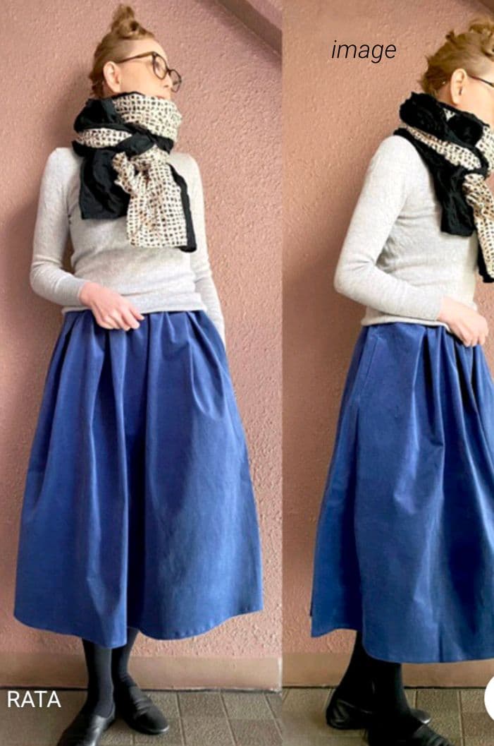 作家RATAさん M〜3Lふんわり広がる大人スカート コーデュロイブルー