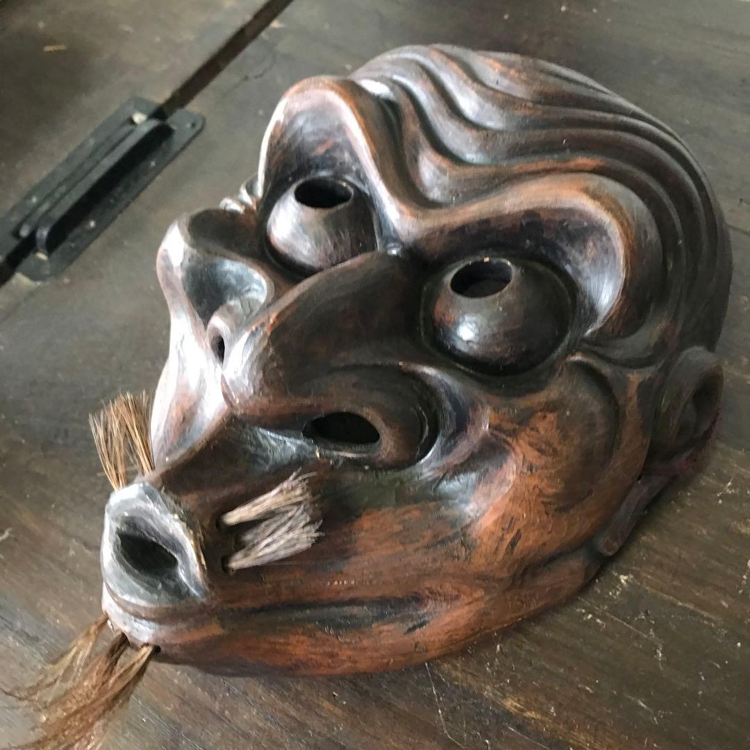 珍品　古道具　木製　うそ吹き　能面　狂言面　壁掛け　手彫り　アンティーク　横16