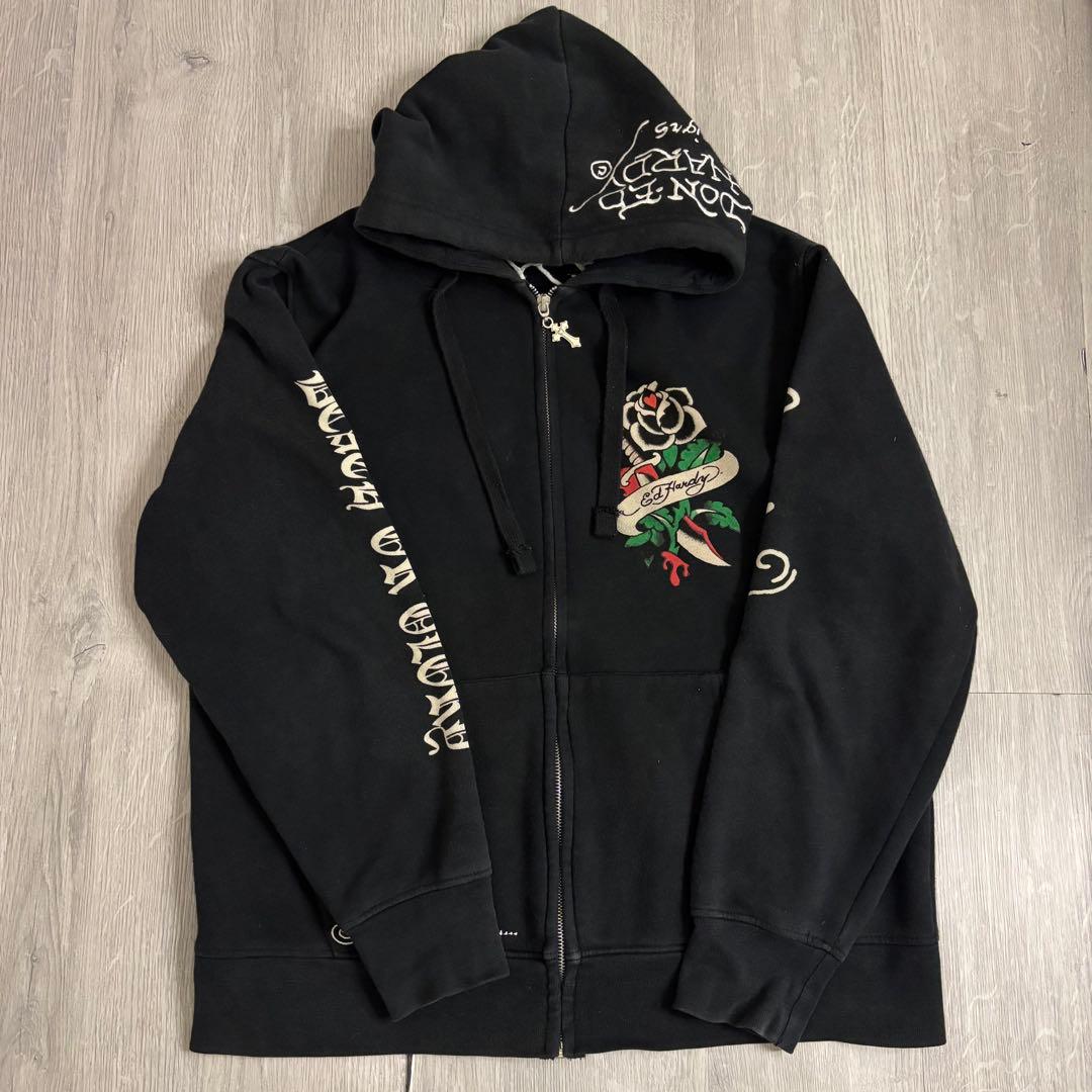 ed hardy ジップパーカー 十字架 スカル 刺繍