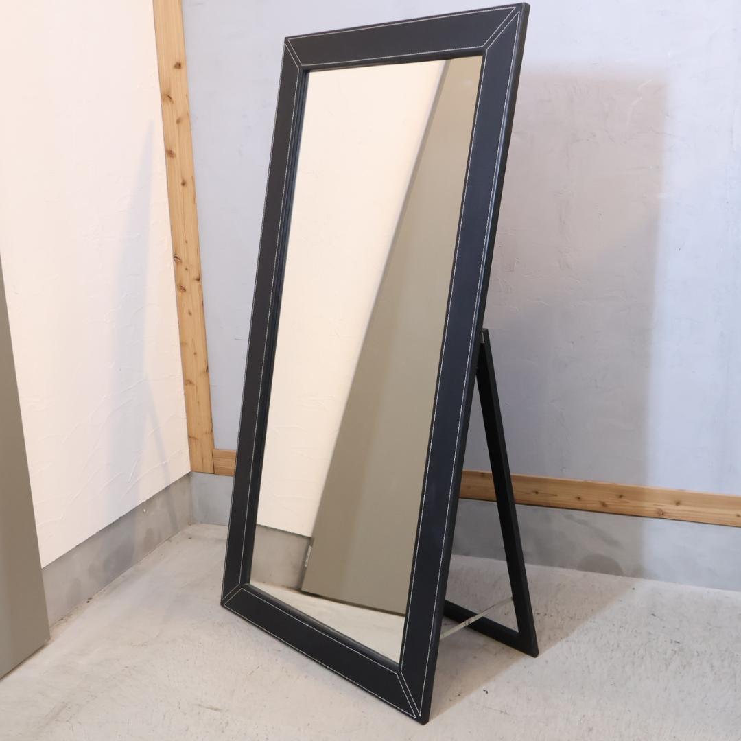 姿見 スタンドミラー 鏡 立て掛け 店舗什器 店舗 157㎝ モノクロ レザー調