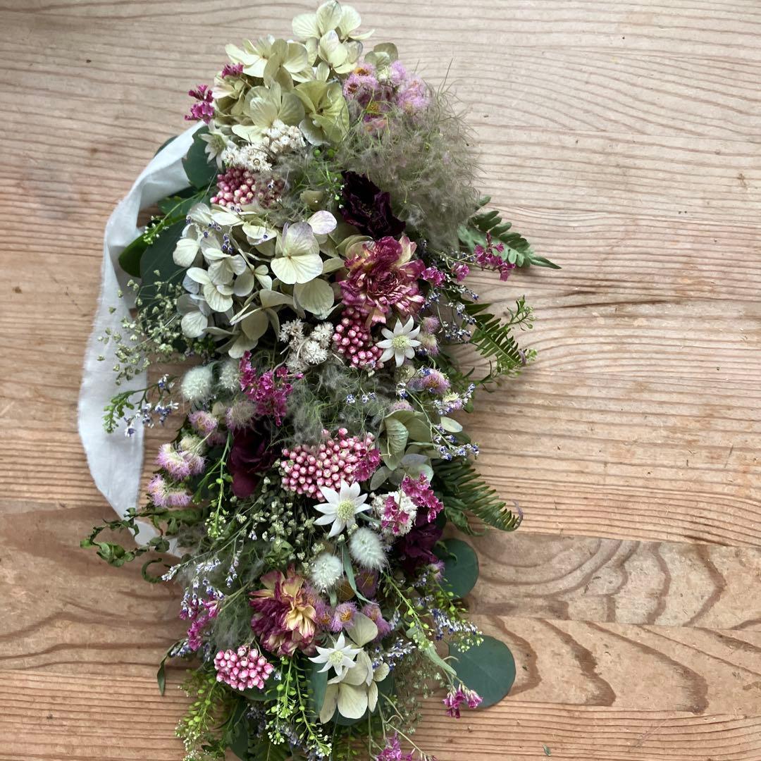 スモークツリー とアンティーク紫陽花の2wayガーランド　ライスフラワー