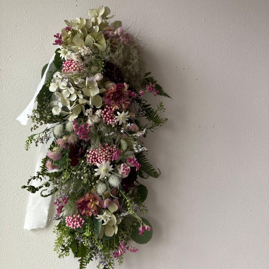 スモークツリー とアンティーク紫陽花の2wayガーランド　ライスフラワー