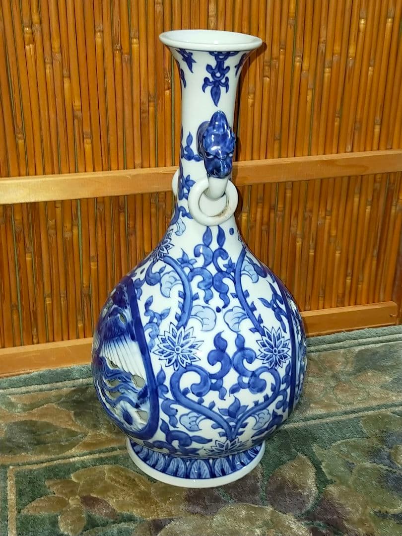 ♥値下げ！♥中国　染付　双耳　花瓶　大明成化年製　龍　鳳凰　骨董　古玩