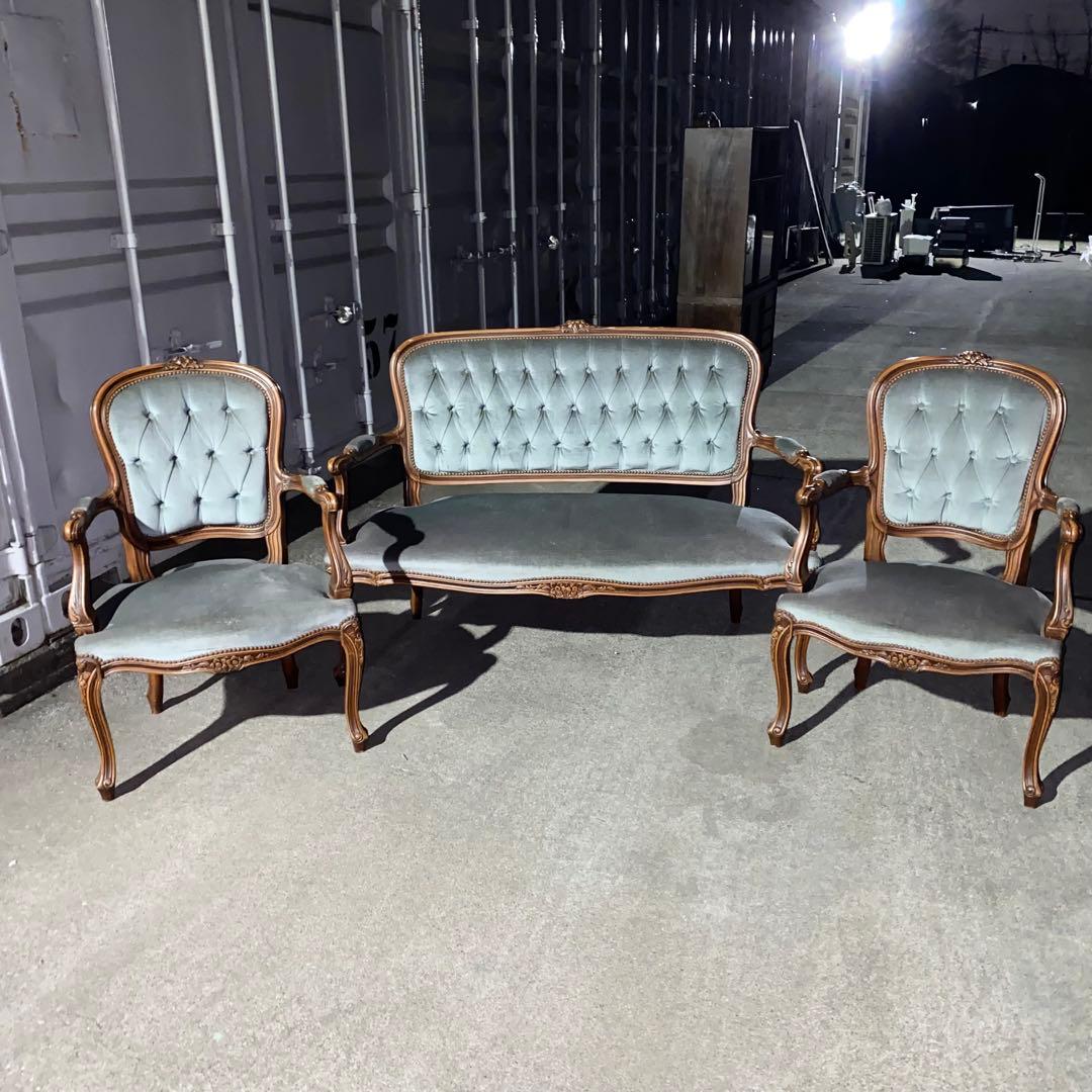 イタリア発！ロココ調 ブルーグレー ベルベット2人掛けソファ+チェア2脚セット