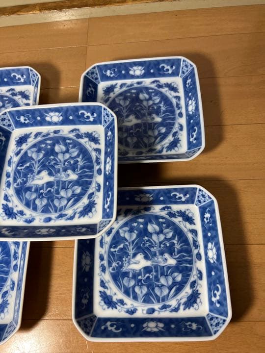612 深川製磁　時代物　角皿セット 染付オシドリ  5客　古美術品　未使用