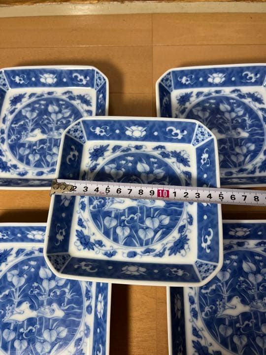 612 深川製磁　時代物　角皿セット 染付オシドリ  5客　古美術品　未使用