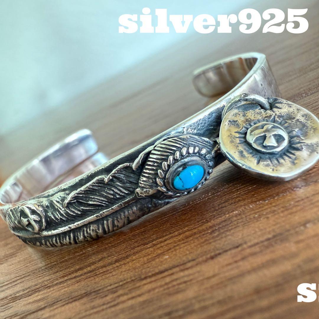 シルバー925無垢【新品】ビンテージターコイズフェザーバングルsilver925