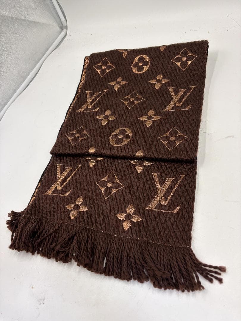 ルイヴィトン モノグラム マフラー ブラウン×ゴールド フリンジ イタリア製