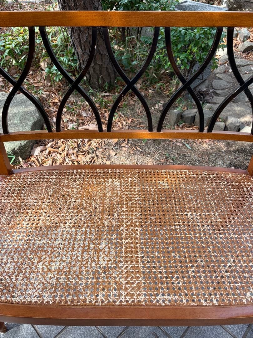 アンティーク 木製ラタンベンチ 2人掛け アールデコ アームチェア 椅子