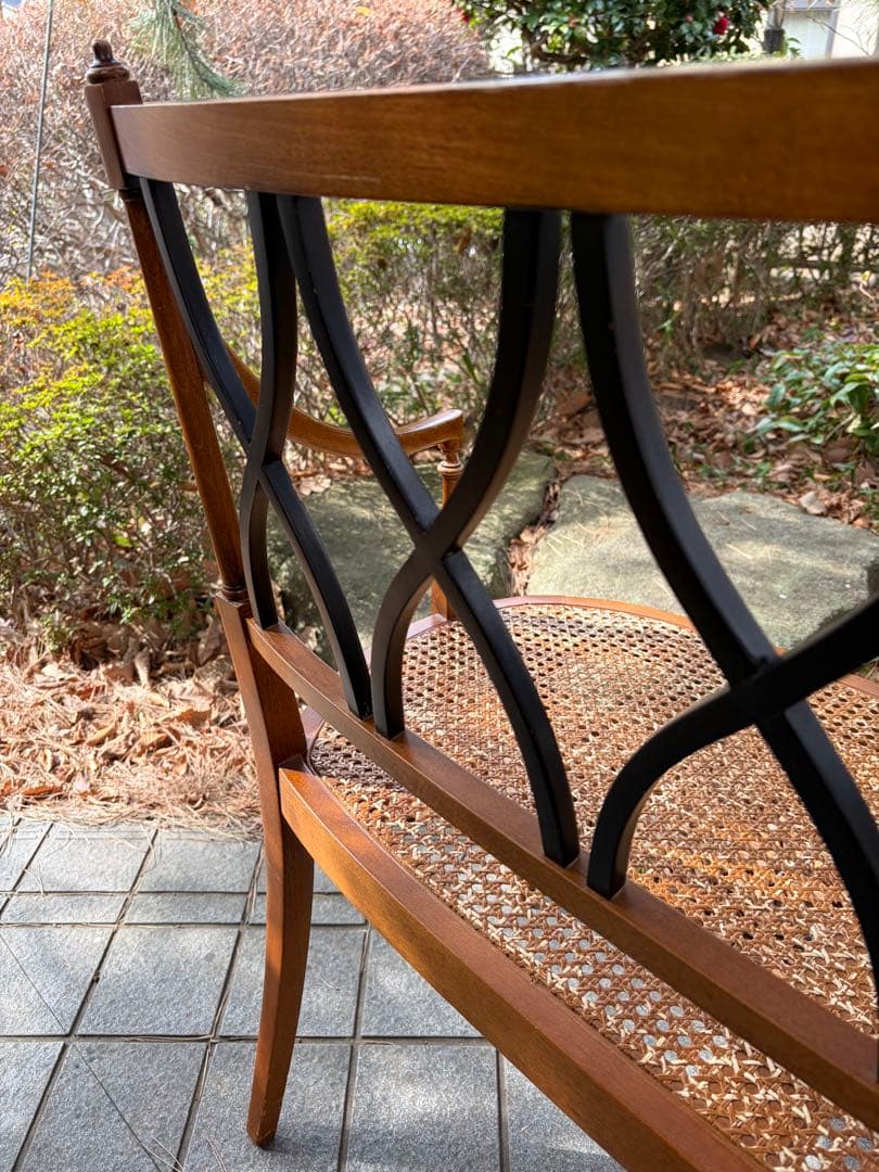 アンティーク 木製ラタンベンチ 2人掛け アールデコ アームチェア 椅子