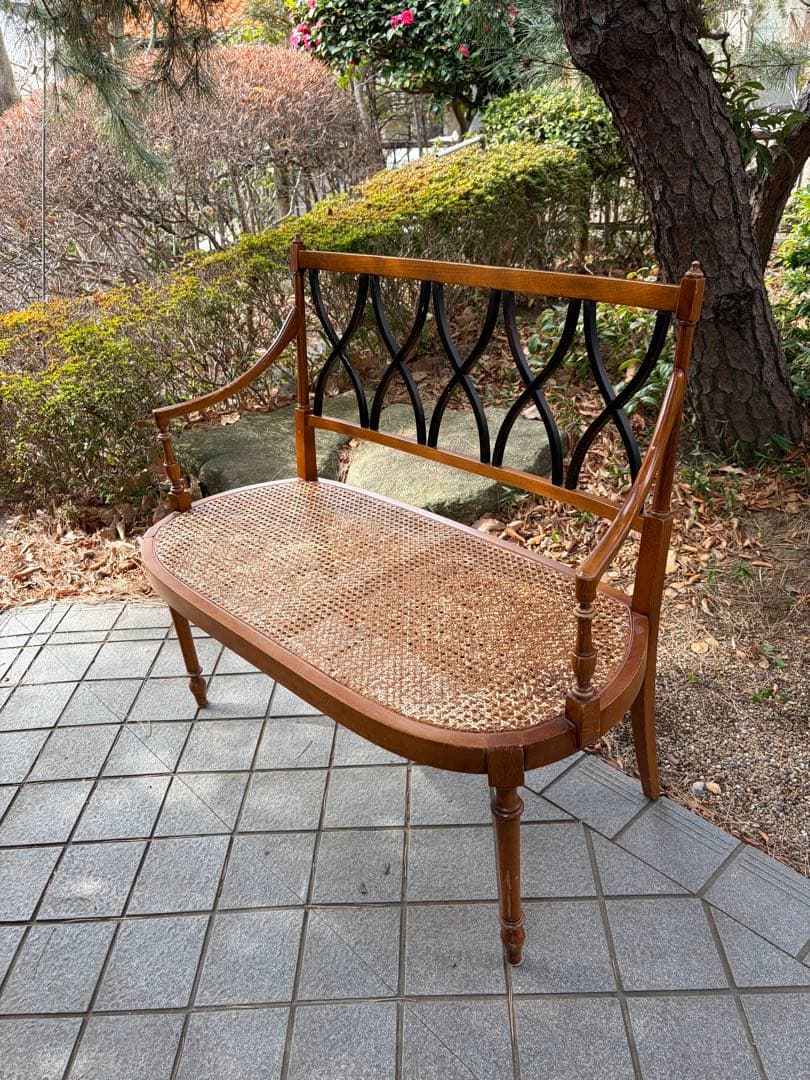アンティーク 木製ラタンベンチ 2人掛け アールデコ アームチェア 椅子