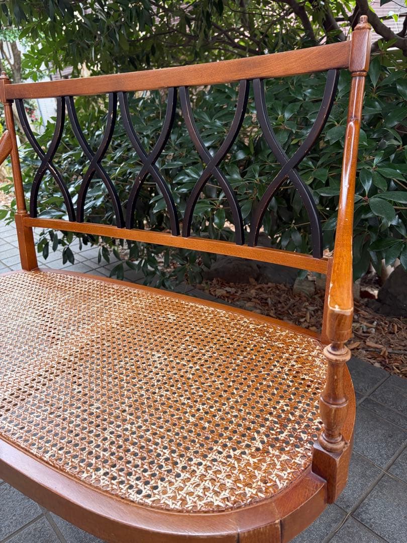 アンティーク 木製ラタンベンチ 2人掛け アールデコ アームチェア 椅子