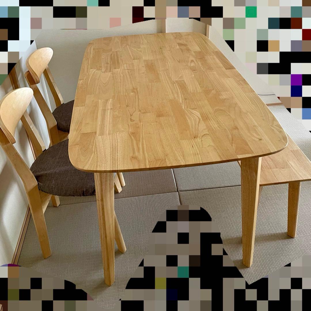 天然木を使用したダイニングテーブルとベンチ、椅子2脚セット