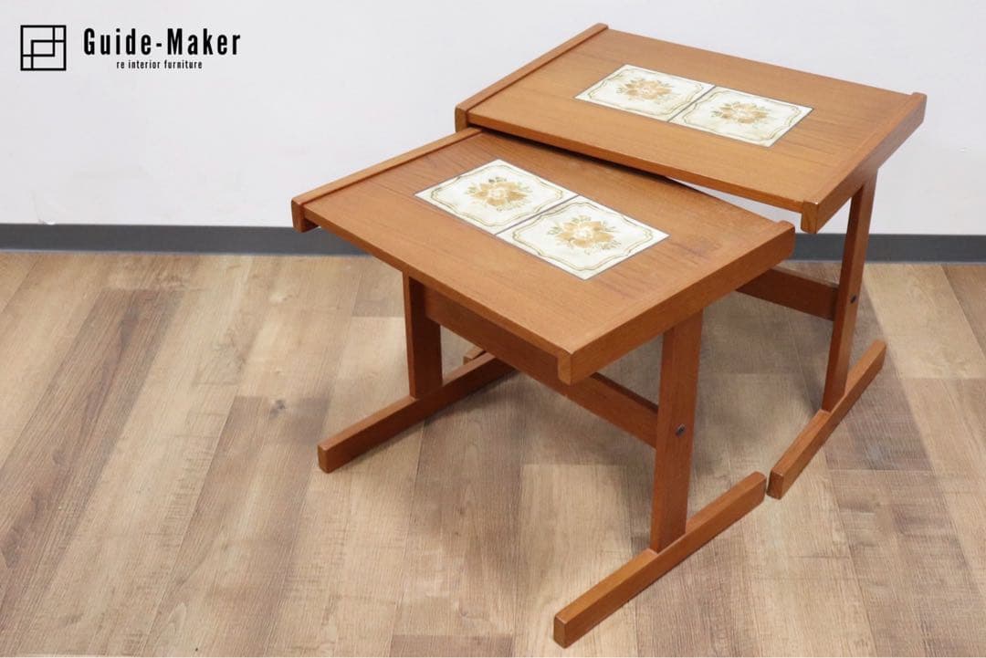 GMGH118○北欧ヴィンテージ ネストテーブル サイドテーブル チーク材 花