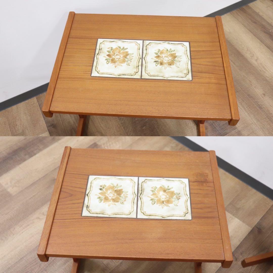 GMGH118○北欧ヴィンテージ ネストテーブル サイドテーブル チーク材 花
