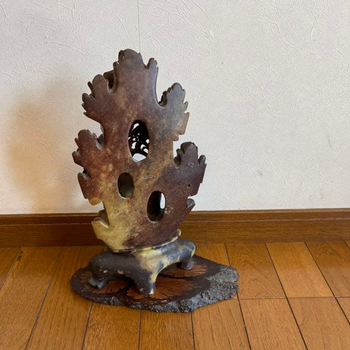 中国 石彫 置物 花鳥図 牡丹 鳳凰 彫刻 台座付き 手彫り オブジェ