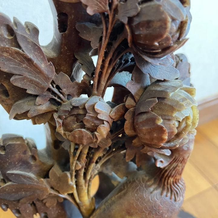 中国 石彫 置物 花鳥図 牡丹 鳳凰 彫刻 台座付き 手彫り オブジェ