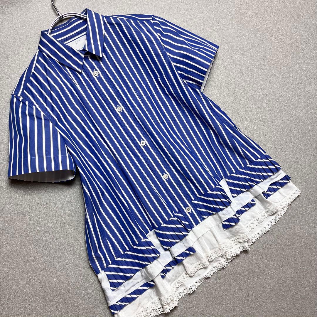 sacai ストライプシャツ 裾プリーツ 白レース 異素材切替 タック サカイ