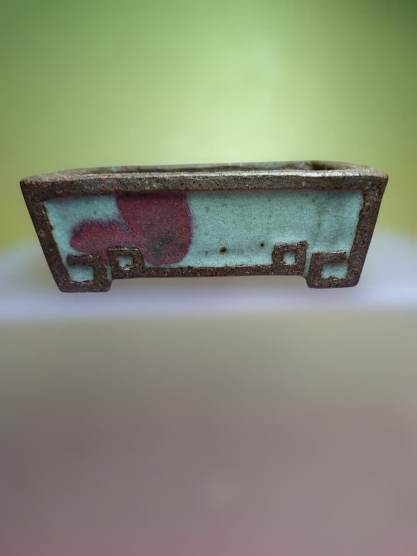 陶器製長方形プランター 青緑色と赤色の模様
